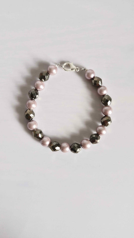 Mauve Pearl & Faceted Pyrite Beaded Bracelet