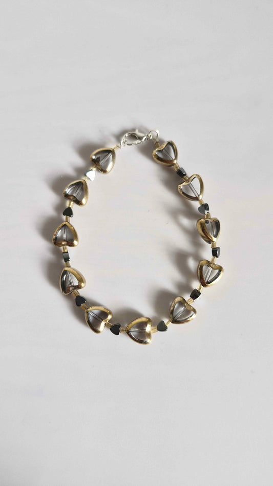 Golden Heart & Smoky Quartz Glass Bracelet