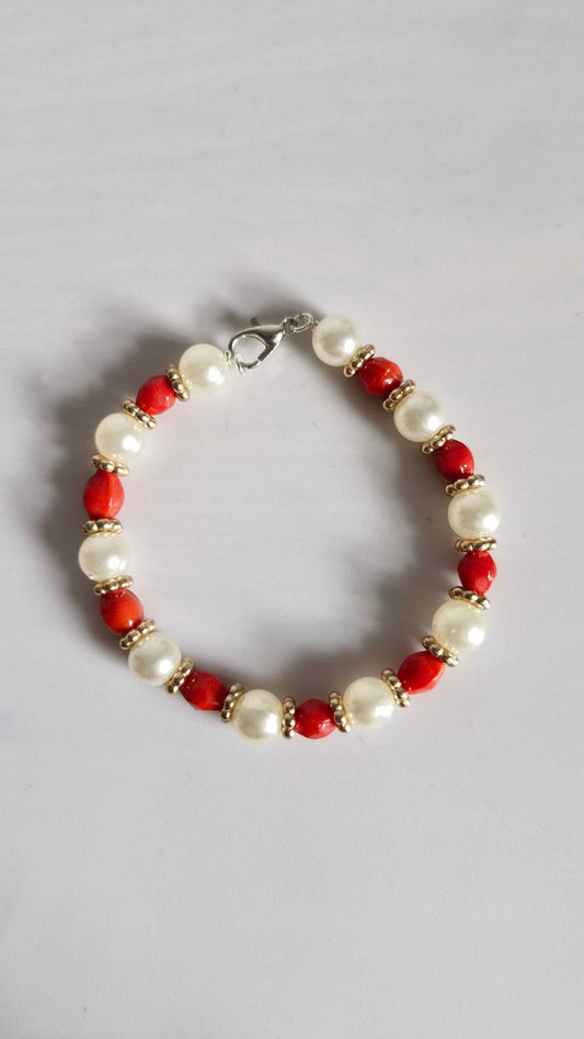Scarlet & Lustrous Pearl Beaded Bracelet