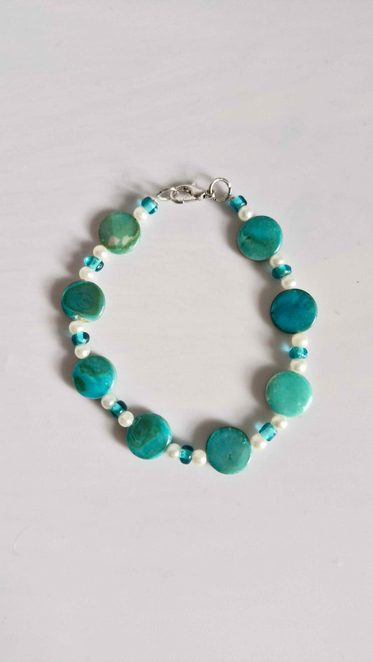 Turquoise Sea Stone & Pearl Beaded Bracelet