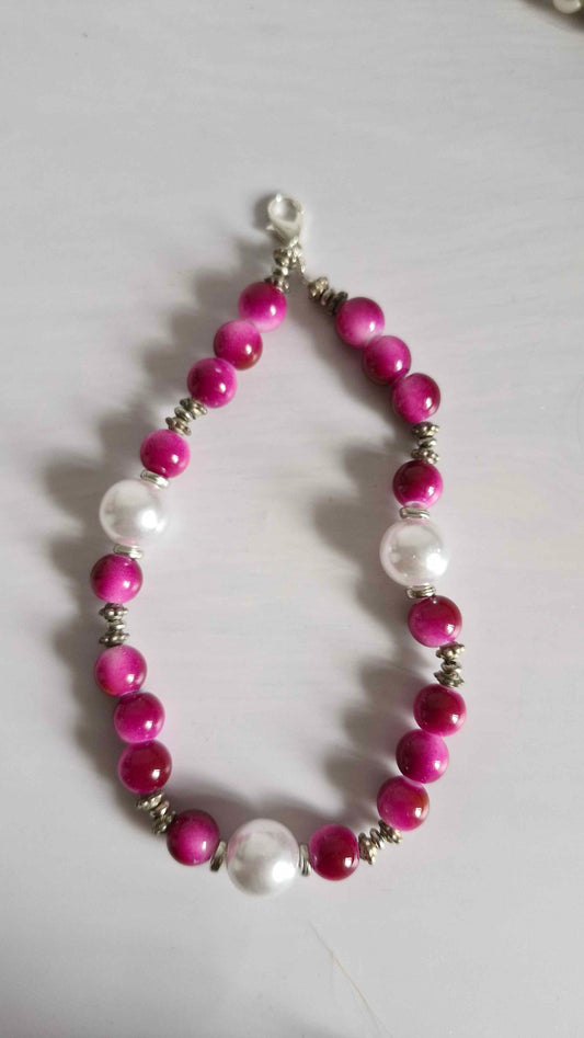 Fuchsia Cat's Eye & Pearl Beaded Keychain Charm