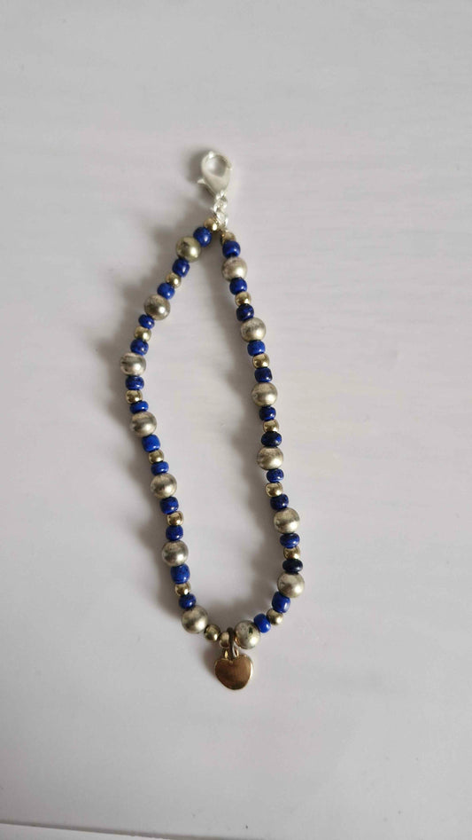 Lapis Blue & Vintage Gold Beaded Keychain Charm with Heart Pendant