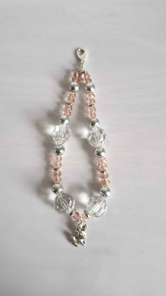Faceted Crystal & Blush Pink Beaded Keychain Charm with Bunny Pendant