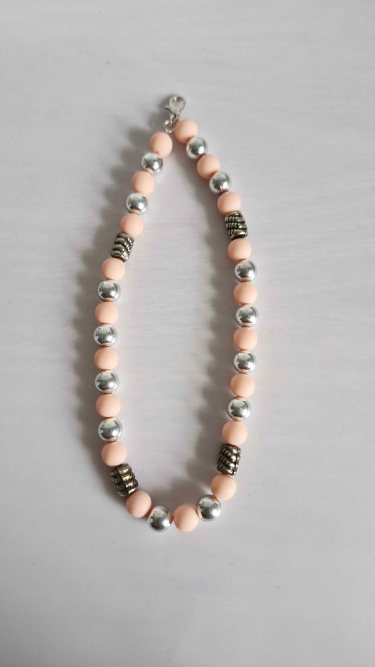 Matte Blush & Textured Silver Beaded Keychain Charm